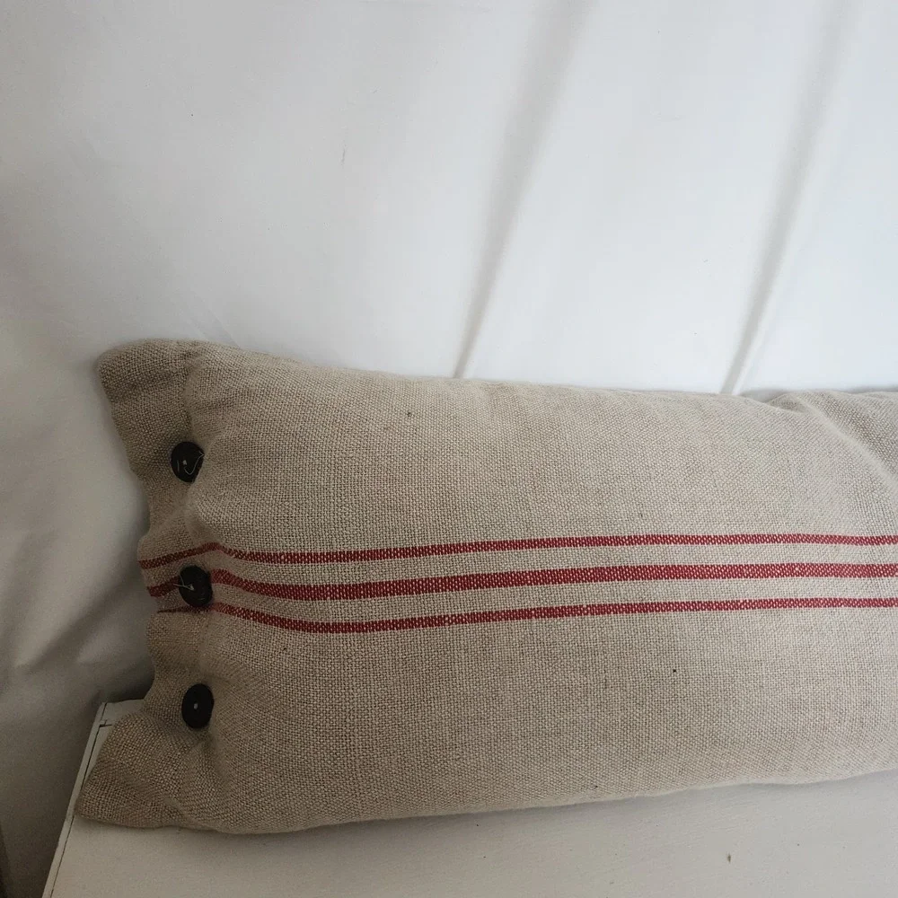 POTTERY BARN RED STRIPE LINEN HEMP FRENCH GRAIN SACK BUTTON PILLOW  16x26